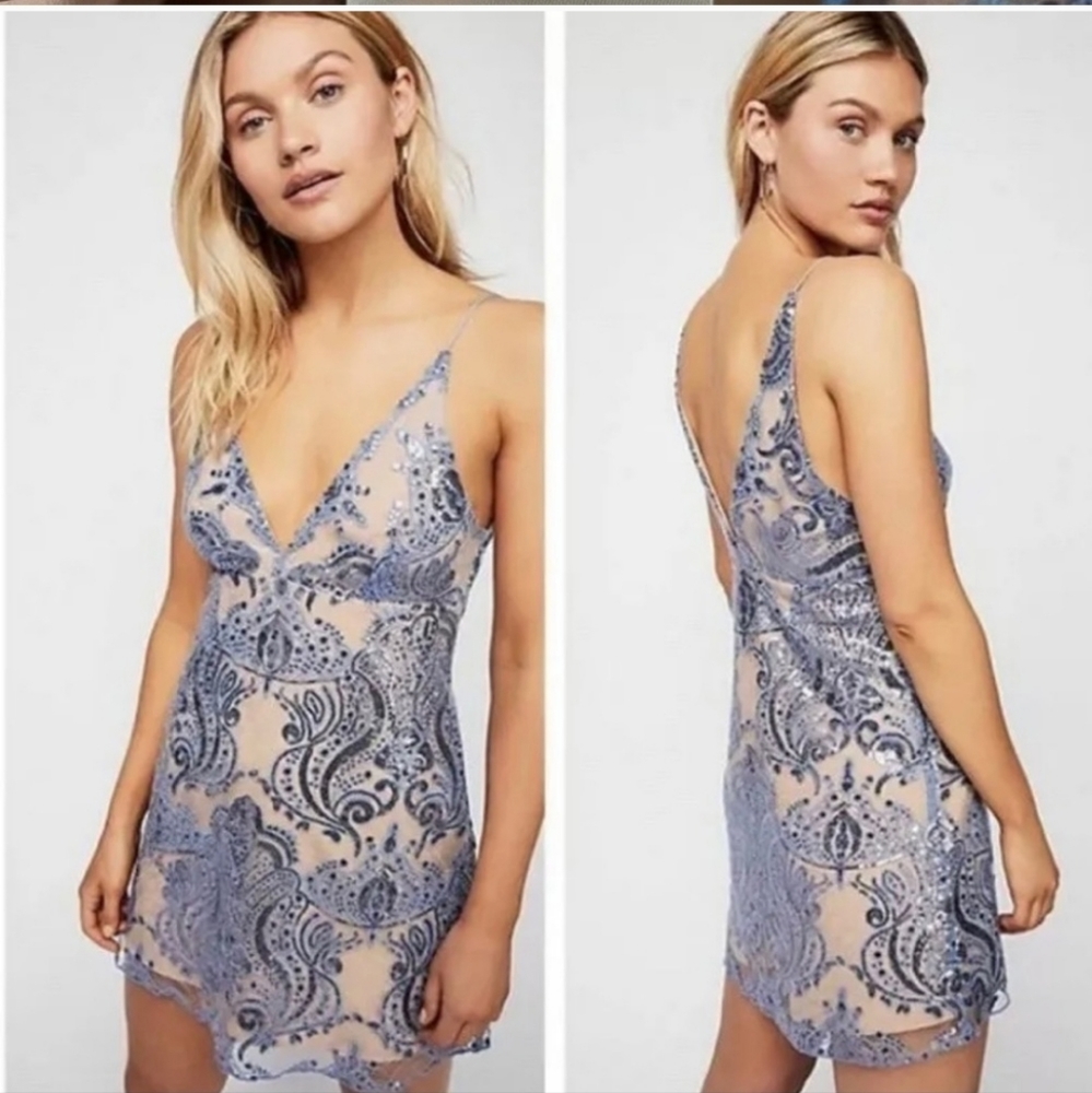 Free People Night Shimmer Sequin Lace Mini Cocktail Party Dress Blue Size 8